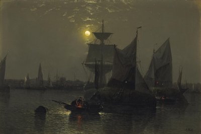 Imbarcazioni a vela in un porto illuminato dalla luna con pescatori e le loro barche in primo piano da Abraham Hulk